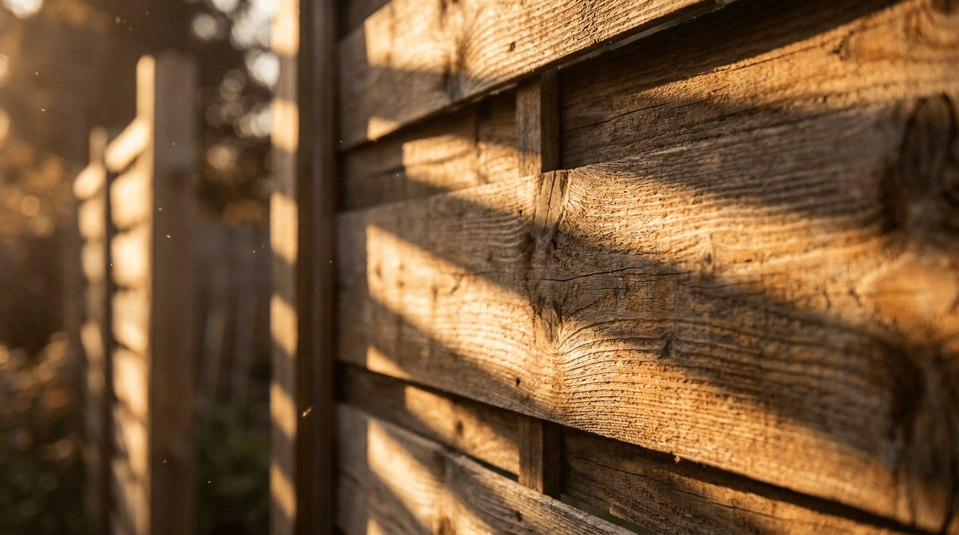 Close-up of a wooden fence being pressure washed with water spray and wood grain visible