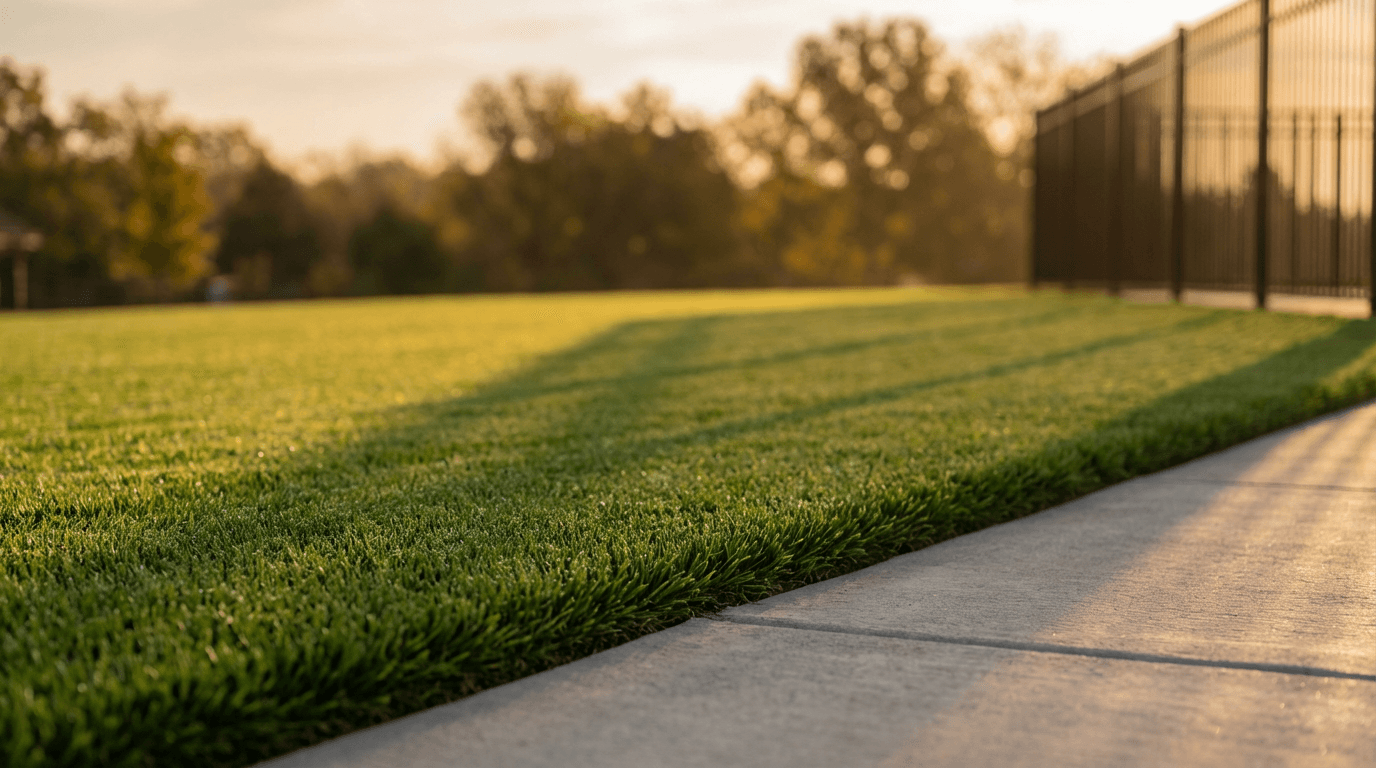 Freshly mowed lawn with a pressure washer on a driveway in Dallas at golden hour