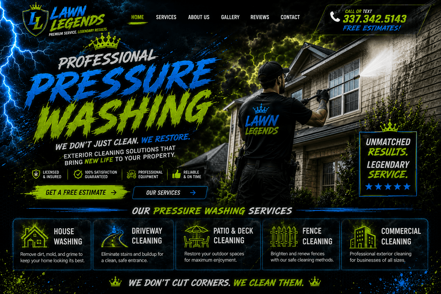 Lawn Legends professional pressure washing website banner featuring a man cleaning a house's exterior.