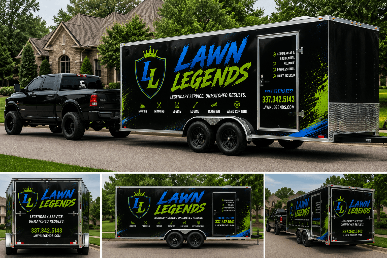 Black pickup truck towing a Lawn Legends landscaping trailer with vibrant blue and green branding.
